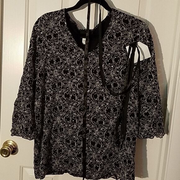 Maggie Barnes 0X Black Silver Blouse Top 3/4 Sleeve Plus Size - Picture 1 of 2